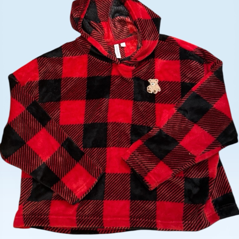 Womans Red & Black Buffalo Plaid Hooded Fleece Top